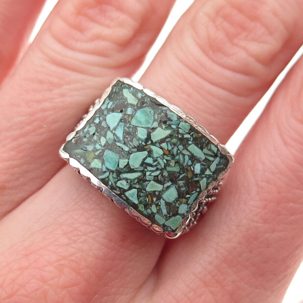 925 Sterling Silver Vintage Real Turquoise Inlay Granulated Ring Size 6.5
